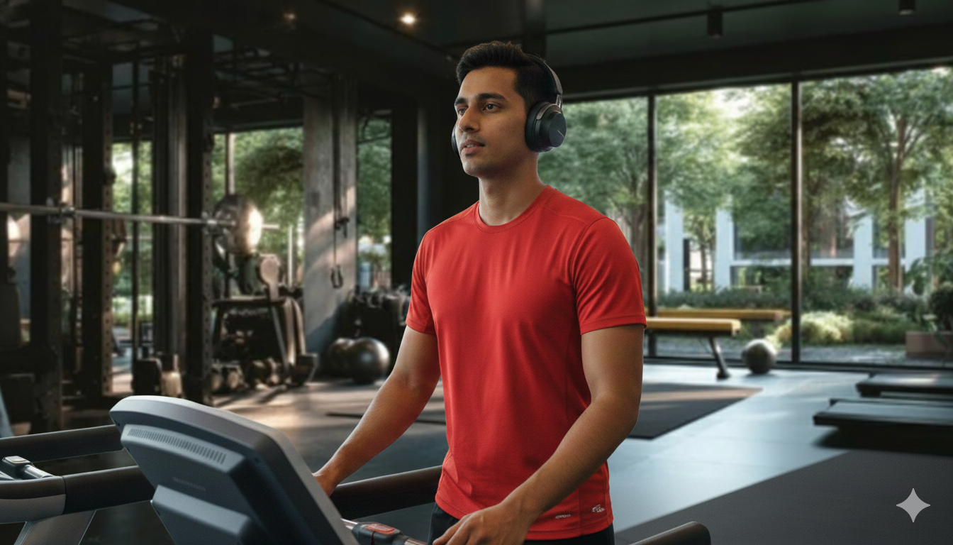 Person wearing Sychedelic headphones at the gym