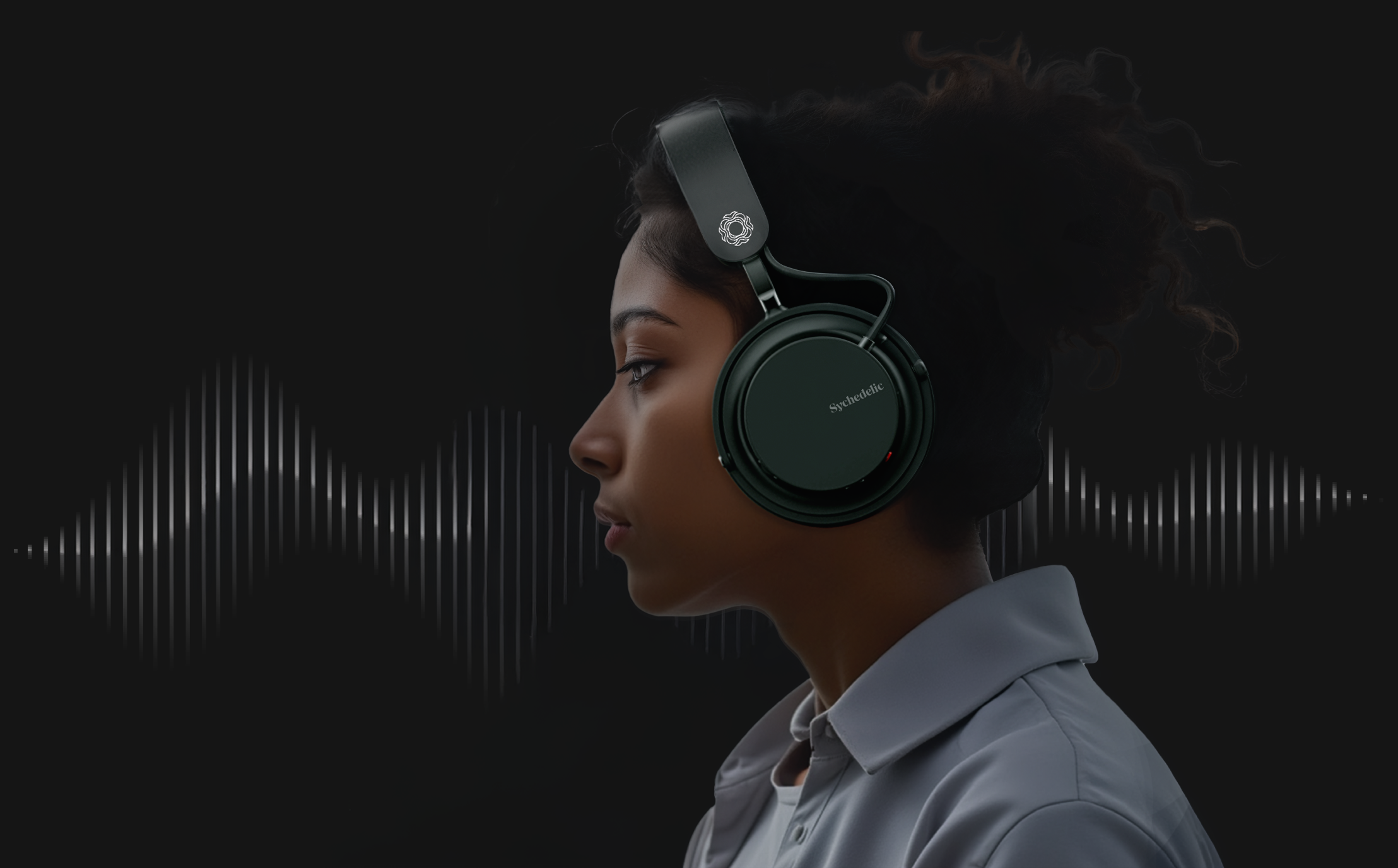 Side profile wearing Sychedelic headphones