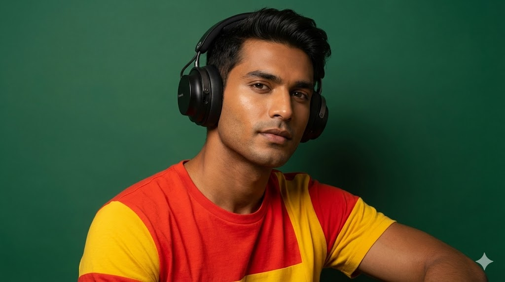 Person wearing Sychedelic headphones in studio